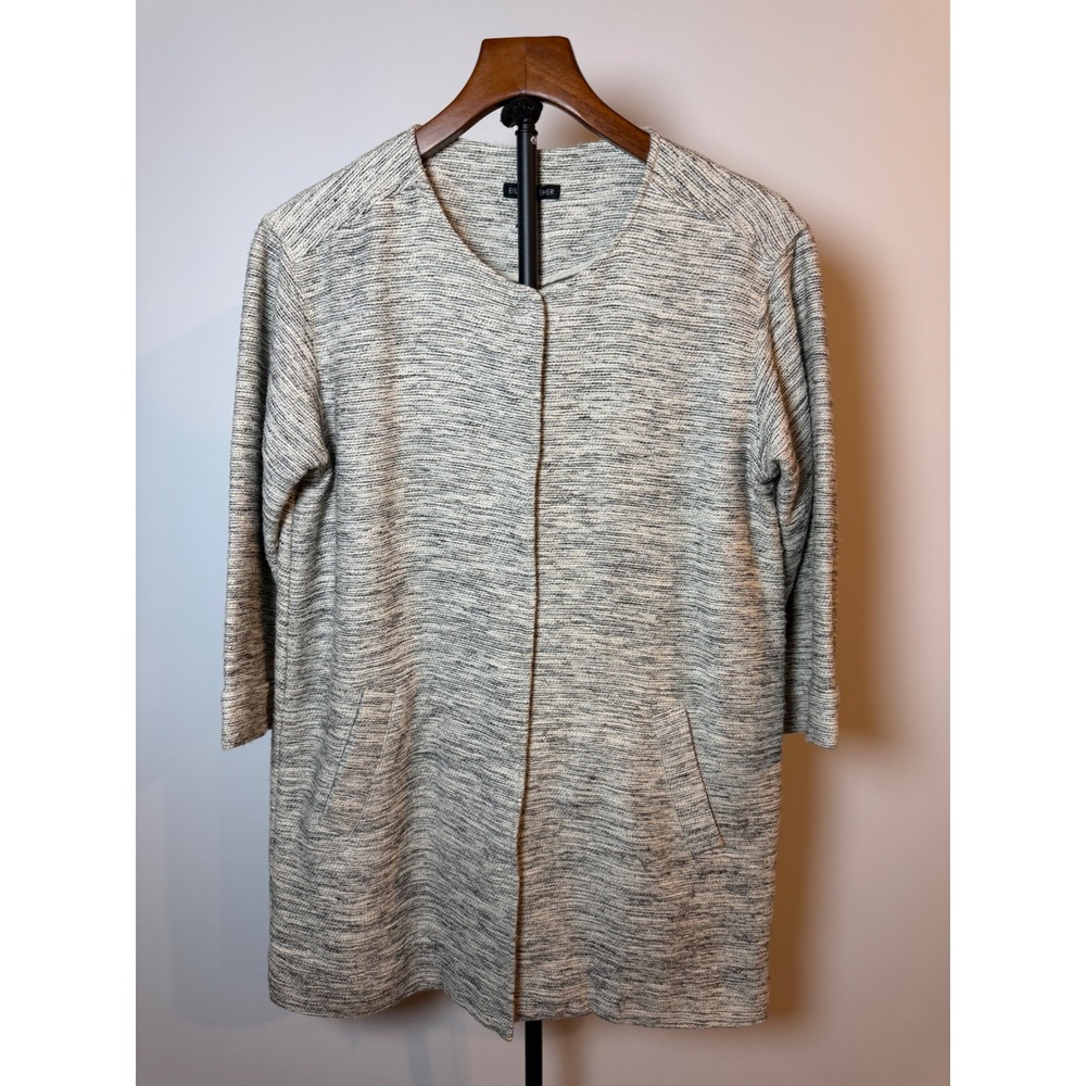 Eileen Fisher Gray White Space Dye Open Front Cardigan Jacket Small Pockets